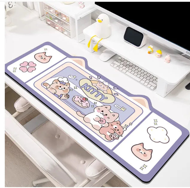 Shaped oversized desk pad with natural rubber base in pink bunny, purple bear or purple kitten design