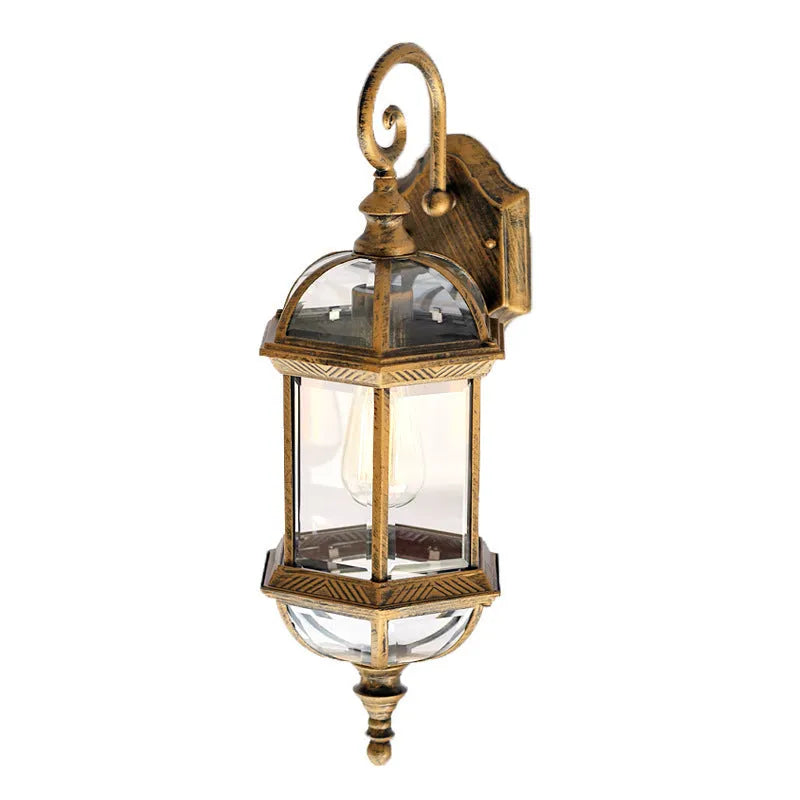 Gold aluminium outdoor waterproof wall lamp with three-layer eight-inch design on brick wall, courtyard setting