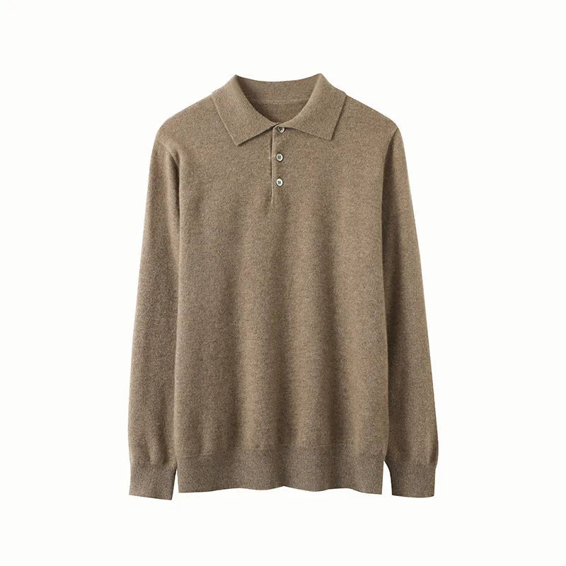 Men's cashmere polo collar pullover sweater in sapphire blue colour showing short sleeves and loose fit