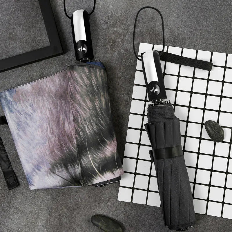Folding umbrella automatic eccentric tri-fold with iron frame and NC fabric in street style