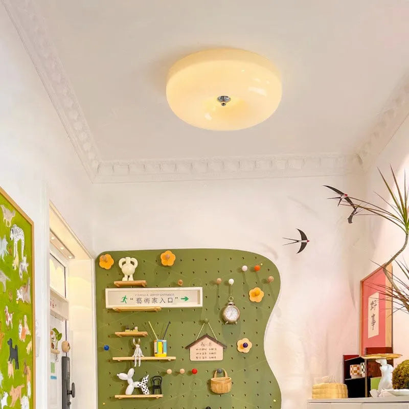 Cream coloured American style bedroom ceiling lamp with three-colour lighting, shown in 30cm and 40cm diameter options