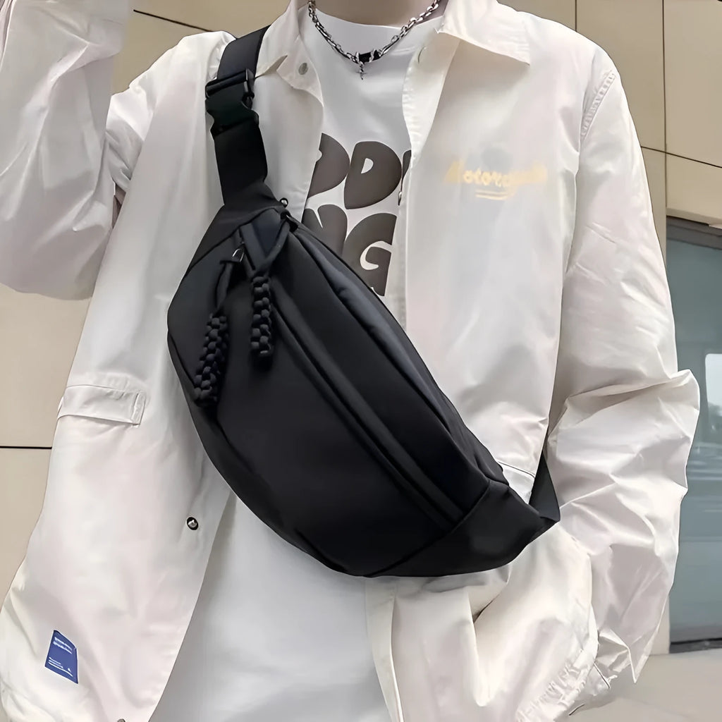 Men's small polyester crossbody chest bag in black nylon lining, 35cm width