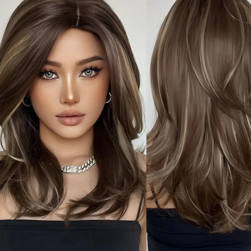 Mid-length curly full-head wig with long bangs in a white gold gradient colour
