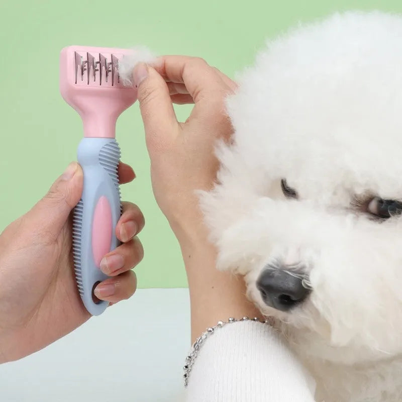 Stainless steel pet grooming comb with integrated knot knife for dogs and cats