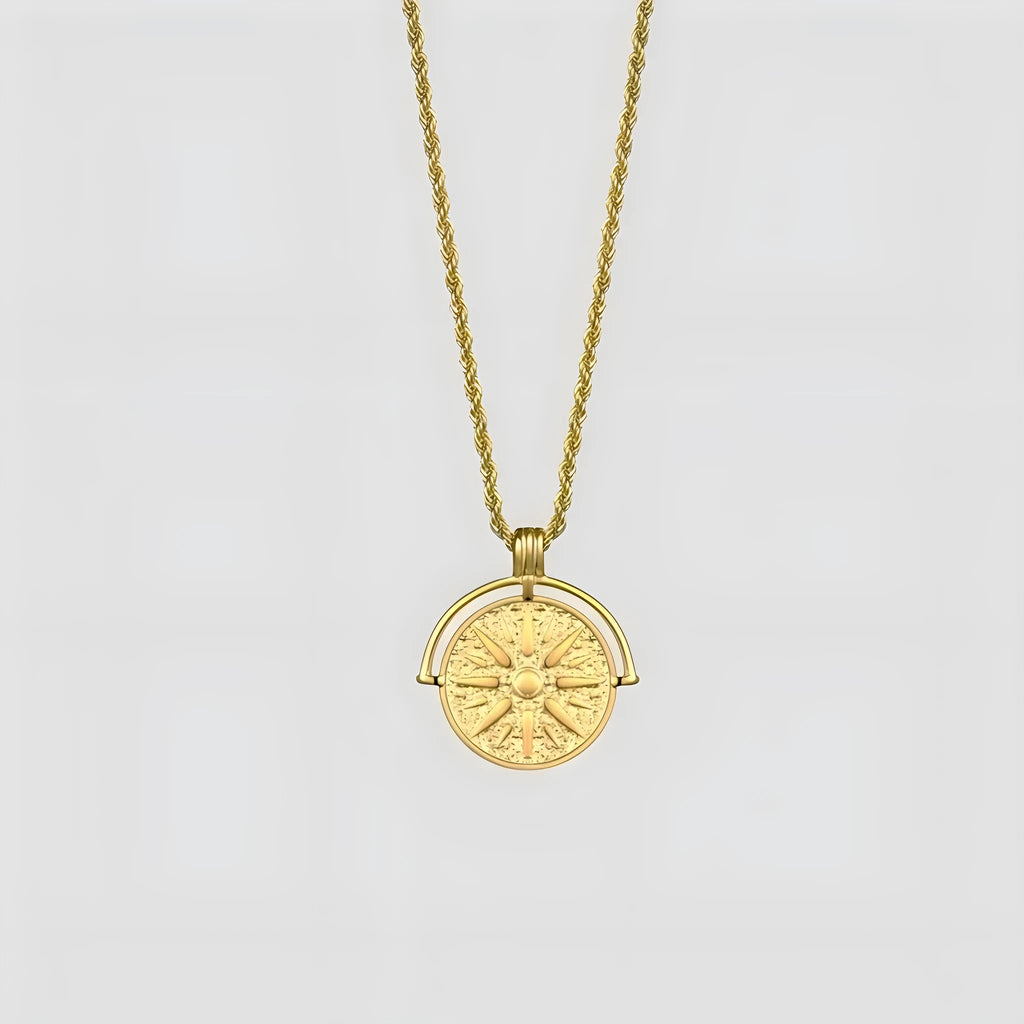 Sunflower embossed geometric pendant necklace on stainless steel adjustable chain