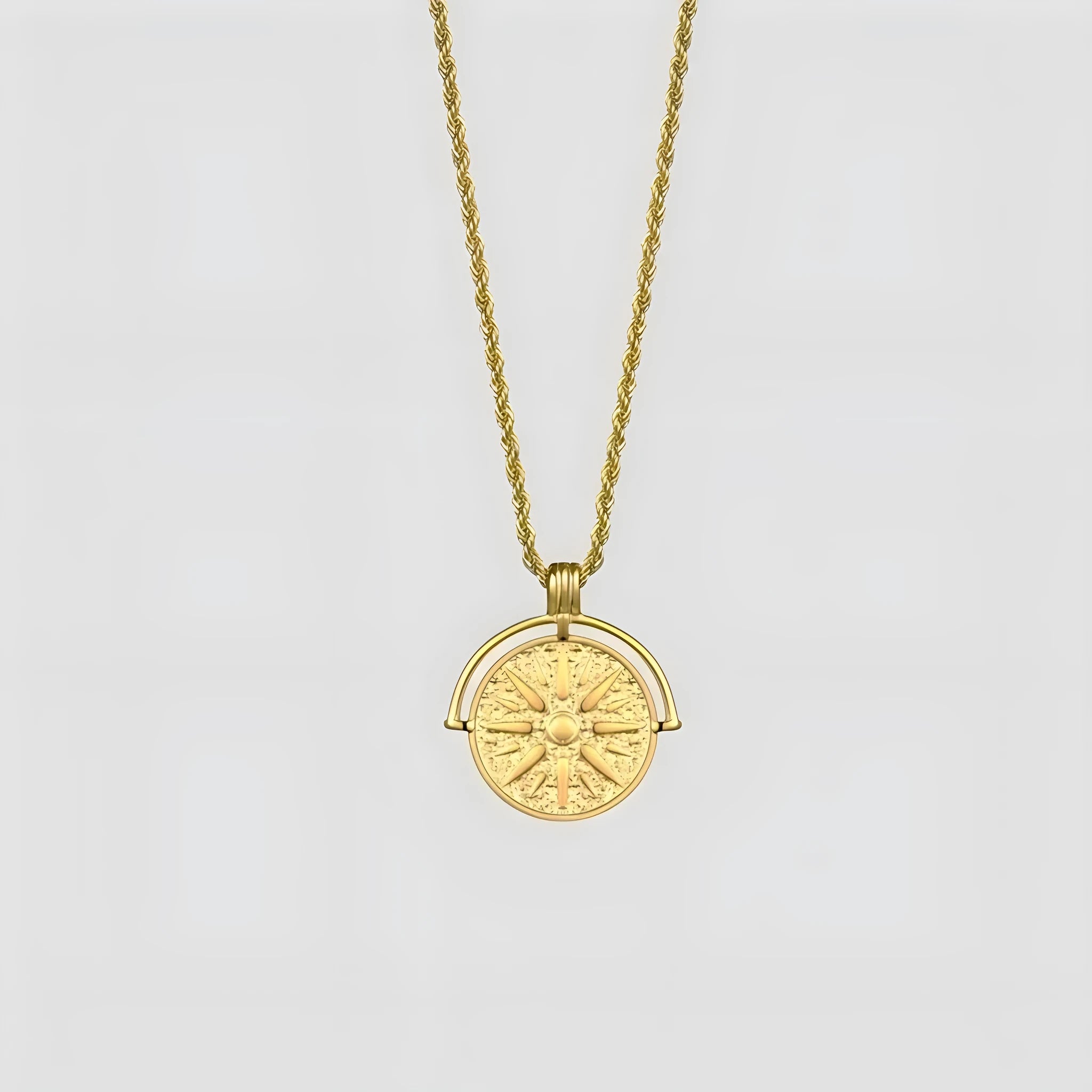 Sunflower embossed geometric pendant necklace on stainless steel adjustable chain