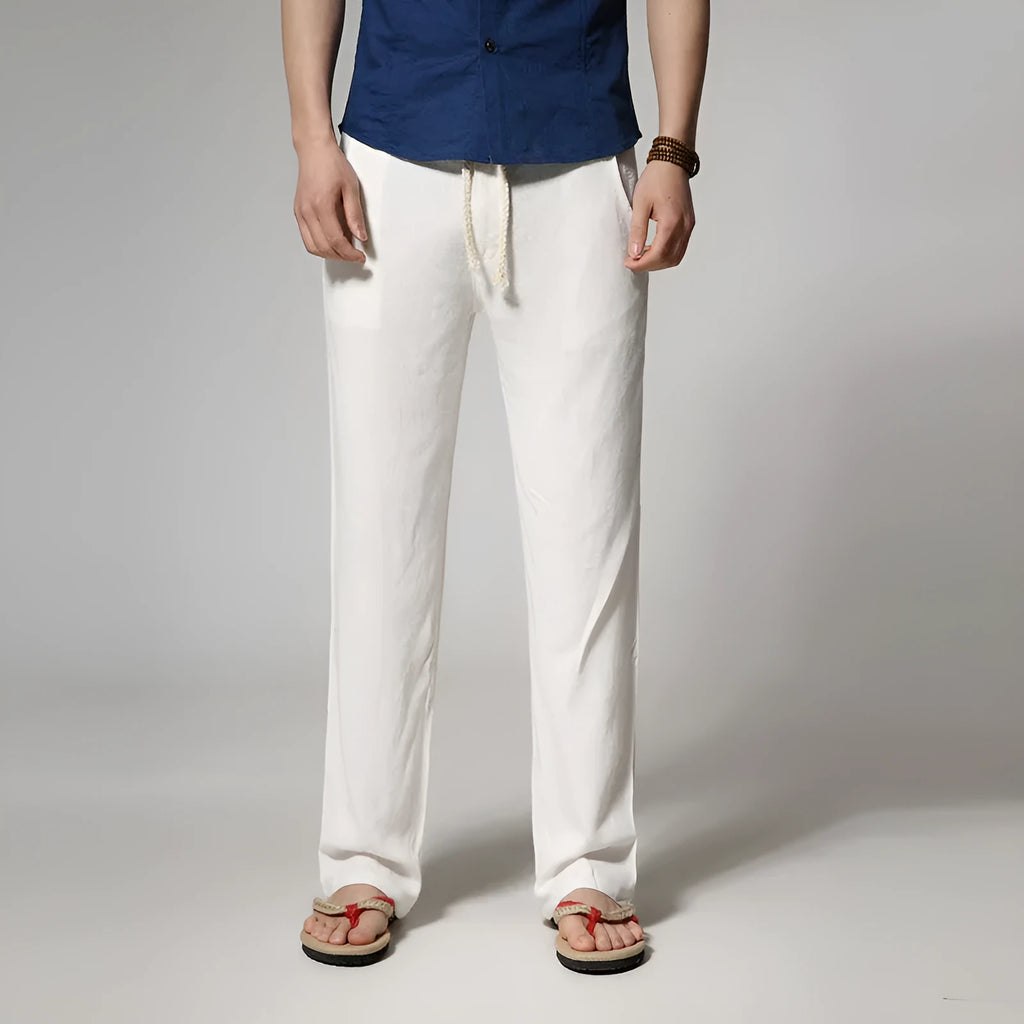 Men's loose straight cotton and linen casual trousers in solid colour, mid-waist, zip fly, stone-washed finish