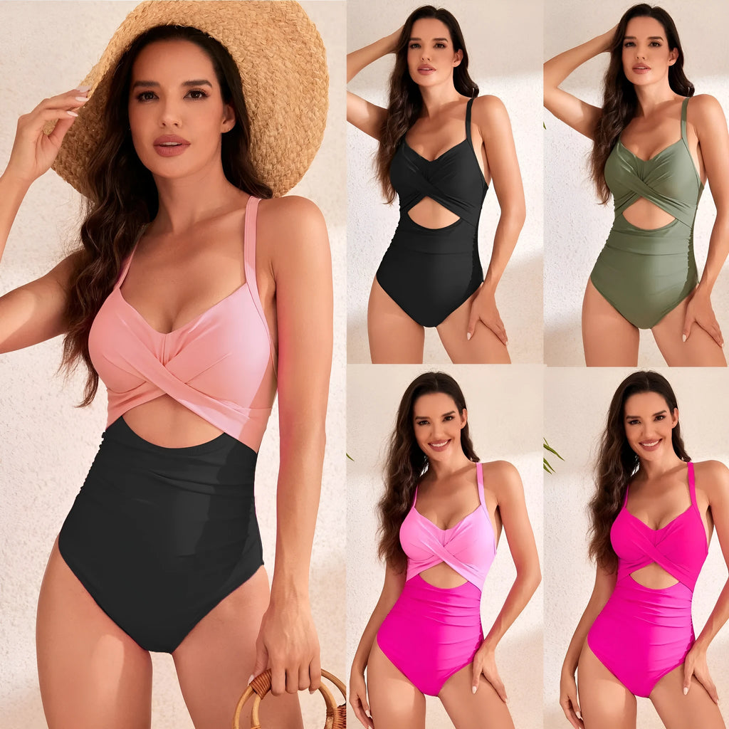 Solid colour high-waist one-piece swimsuit for women in black with spandex lining
