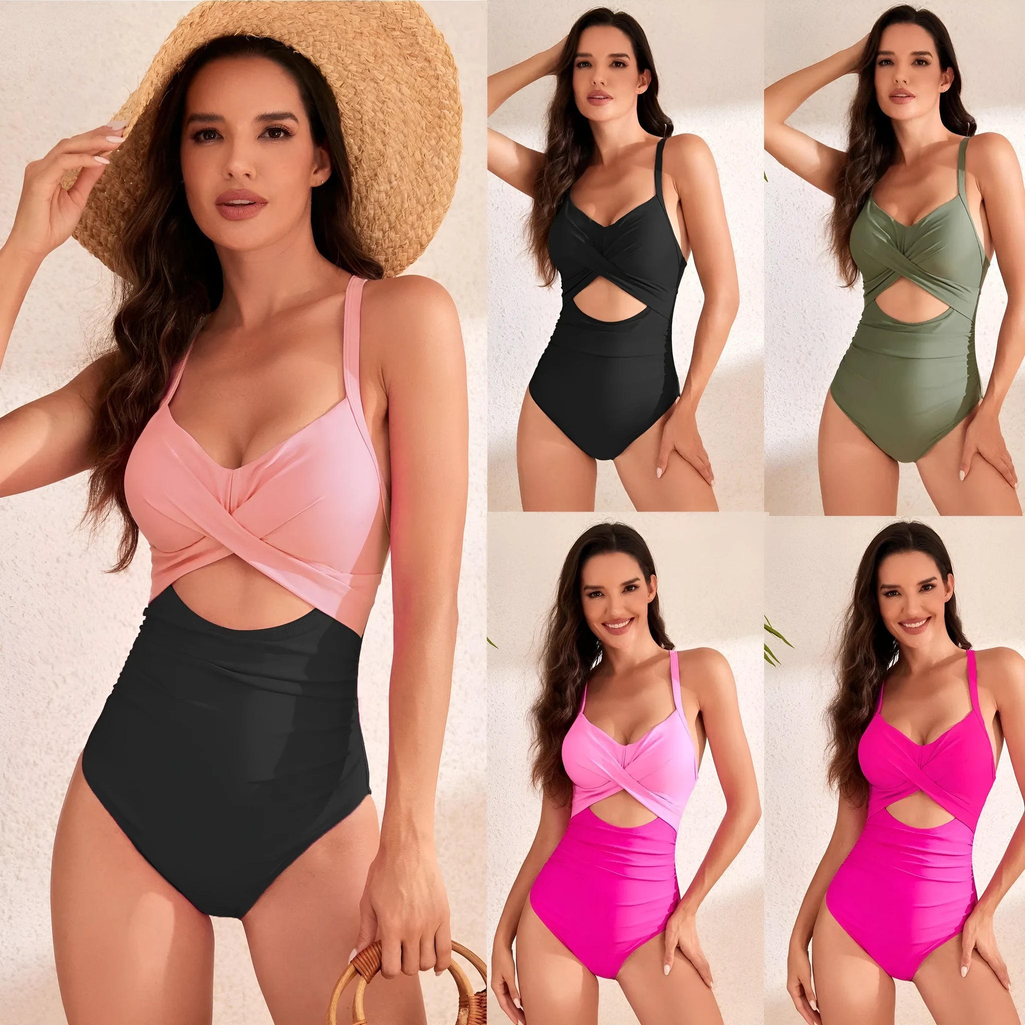Solid colour high-waist one-piece swimsuit for women in black with spandex lining