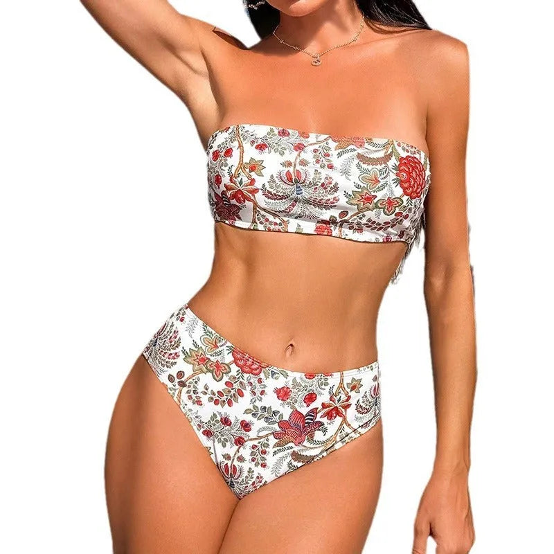 Women's printed bandeau triangle bikini top and shorts swimsuit set