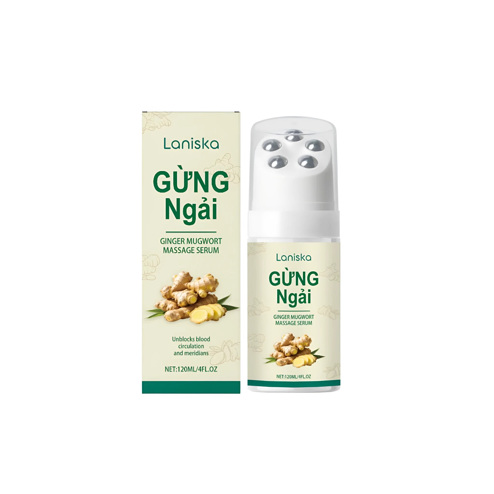 Ginger Wormwood Roller Massage Liquid 120ml in a clear bottle with a green roller cap
