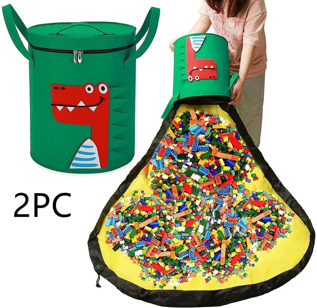 Green felt cube storage bag with pull rope shown as toy organiser and unfolded play mat