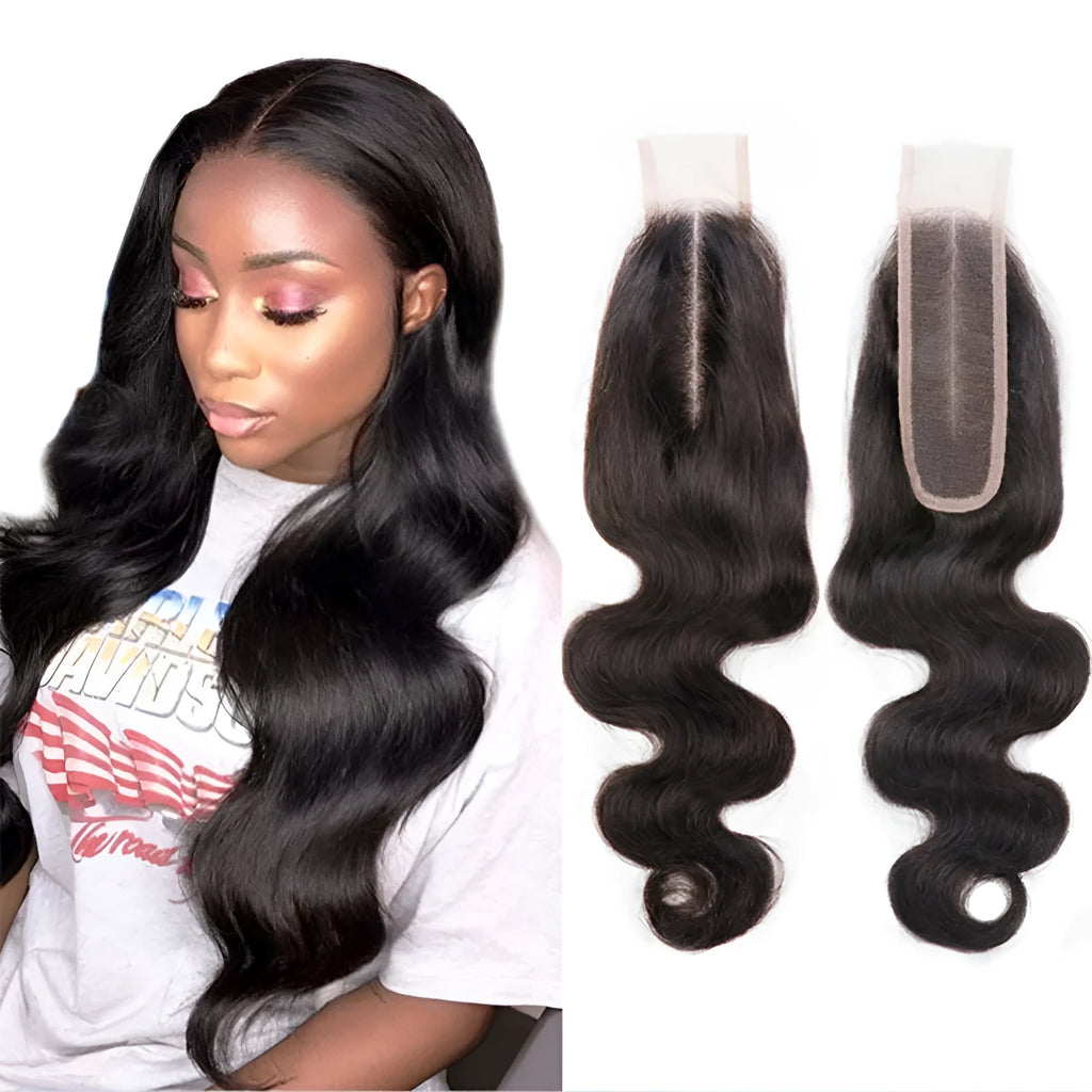 A straight, natural colour human hair wig shown on a model, demonstrating the sleek exotic style.