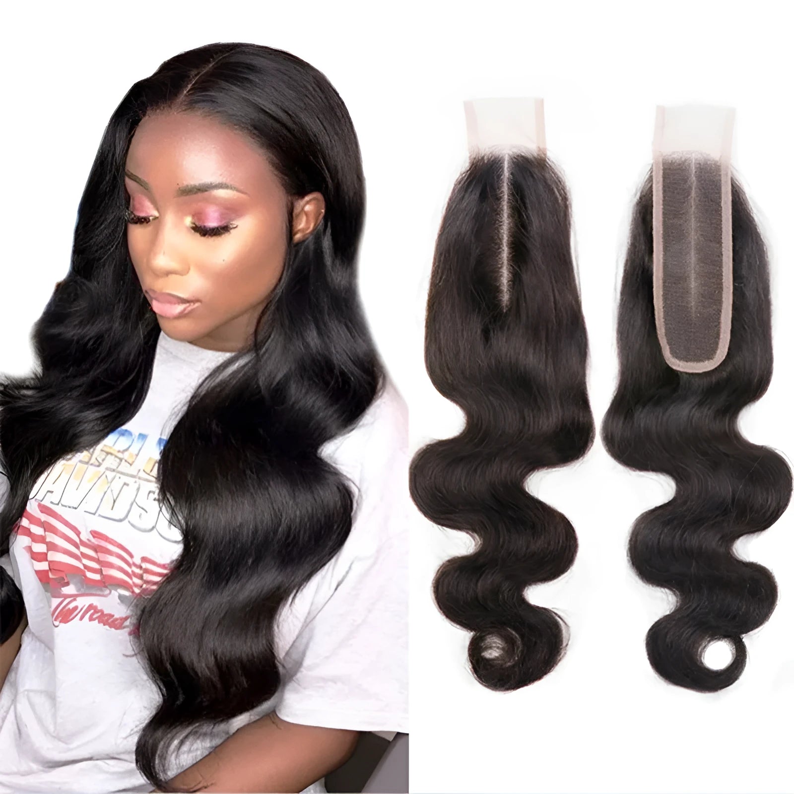 A straight, natural colour human hair wig shown on a model, demonstrating the sleek exotic style.