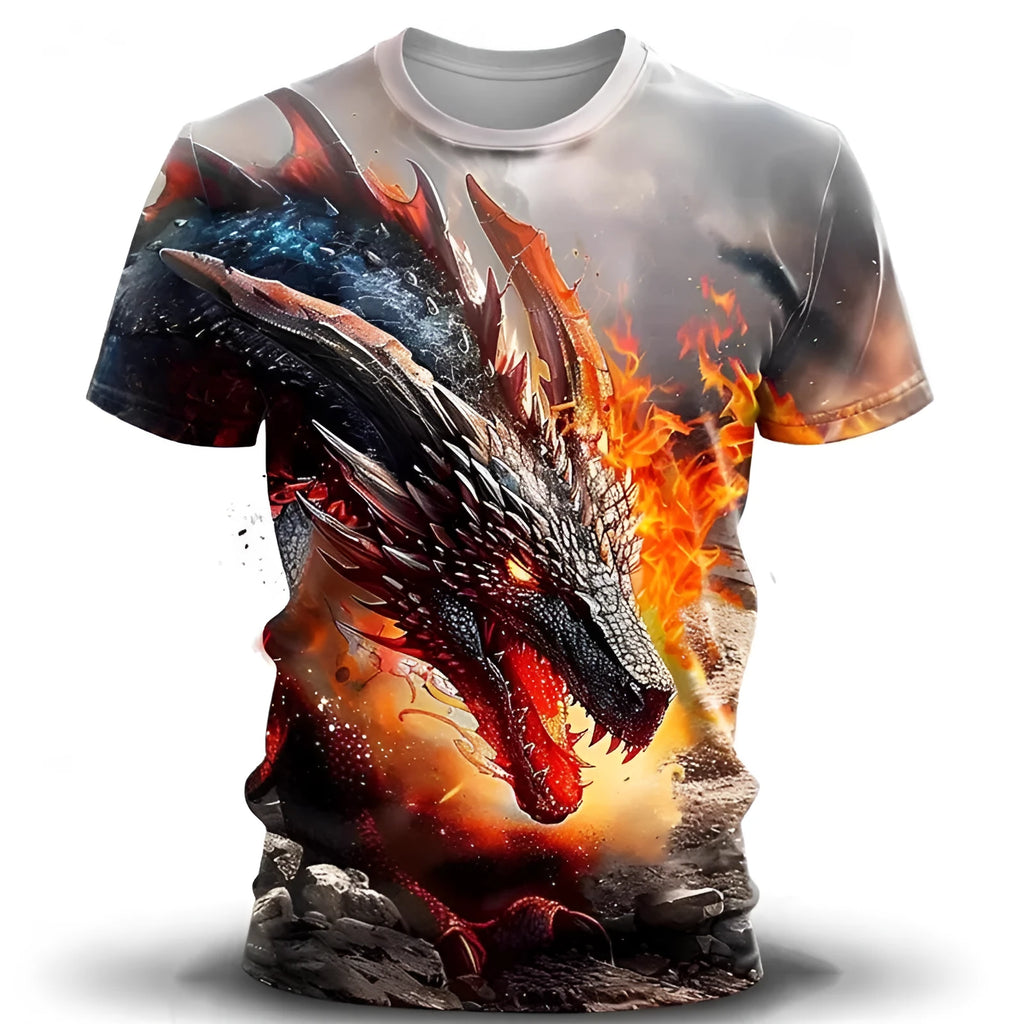 Man wearing a short-sleeve grey T-shirt with a large blue and white 3D wind dragon print on the chest.