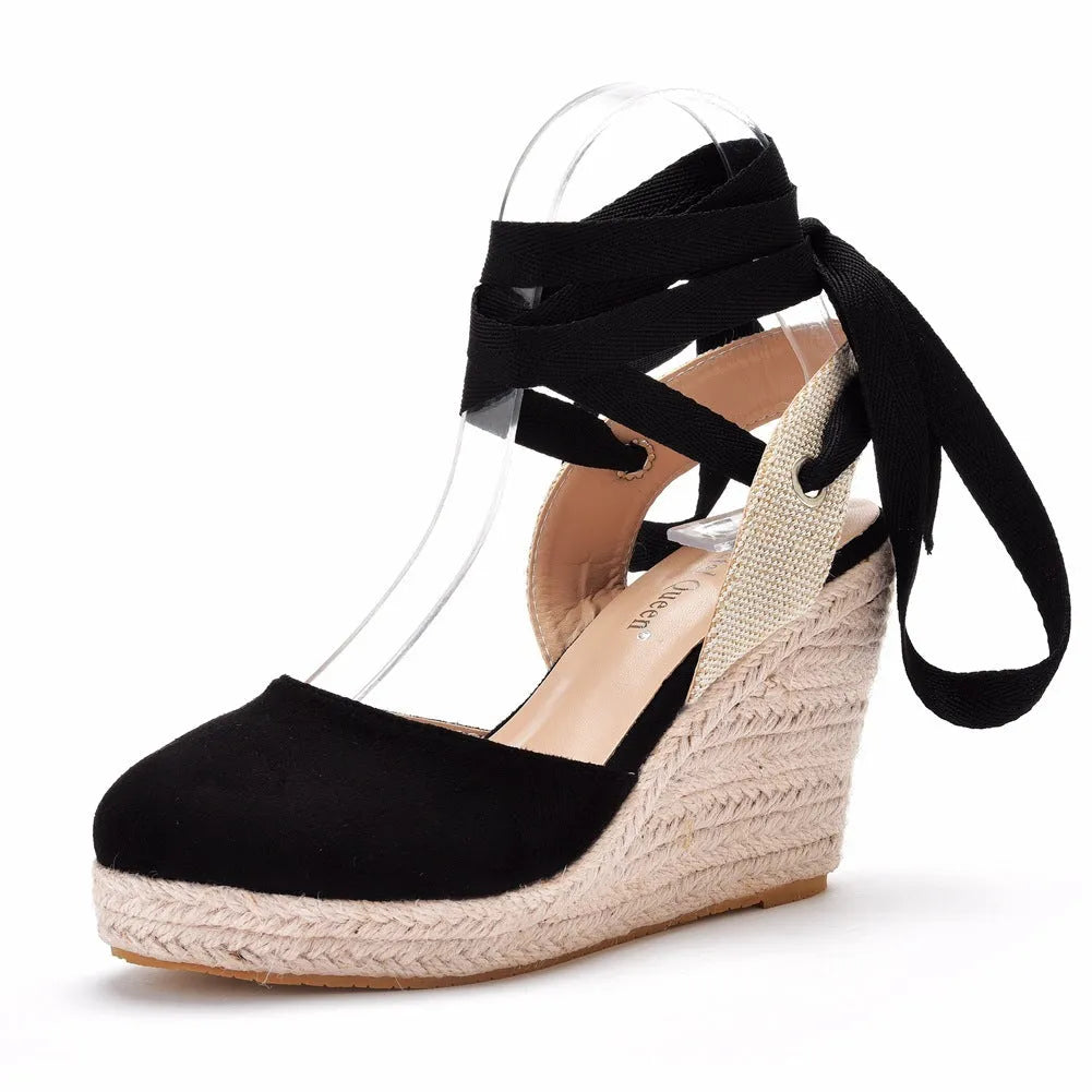 Women's apricot bohemian wedge sandals with beaded tassel strap and buckle closure on a 3cm platform.