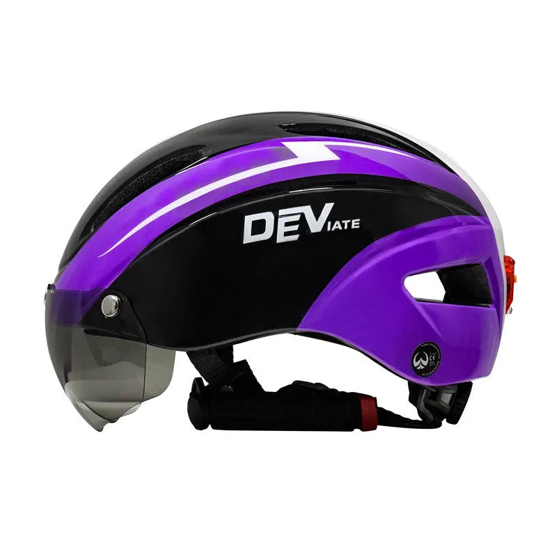 Adult bicycle helmet with goggles and taillight in blue, white, and black colour scheme