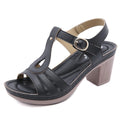 Women's patent leather thick heel sandals with metal buckle stitching in apricot colour