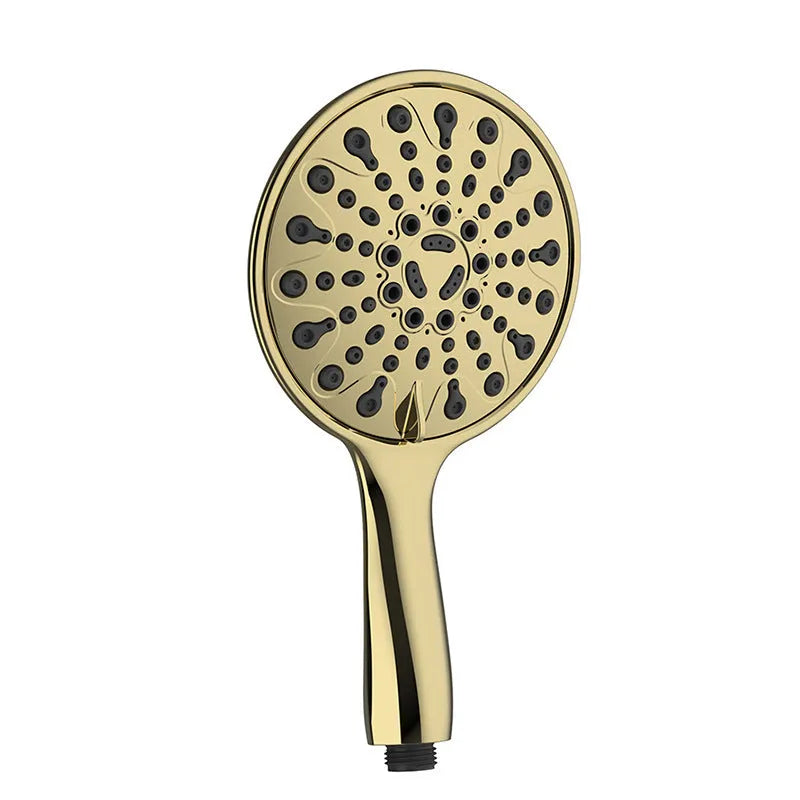 Six-function handheld shower head with ABS plastic construction and electroplated finish