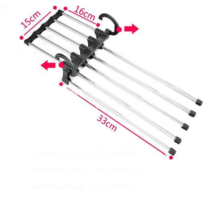 Black 5-in-1 stainless steel trouser hanger with five booms and dual hooks on a clothes rack