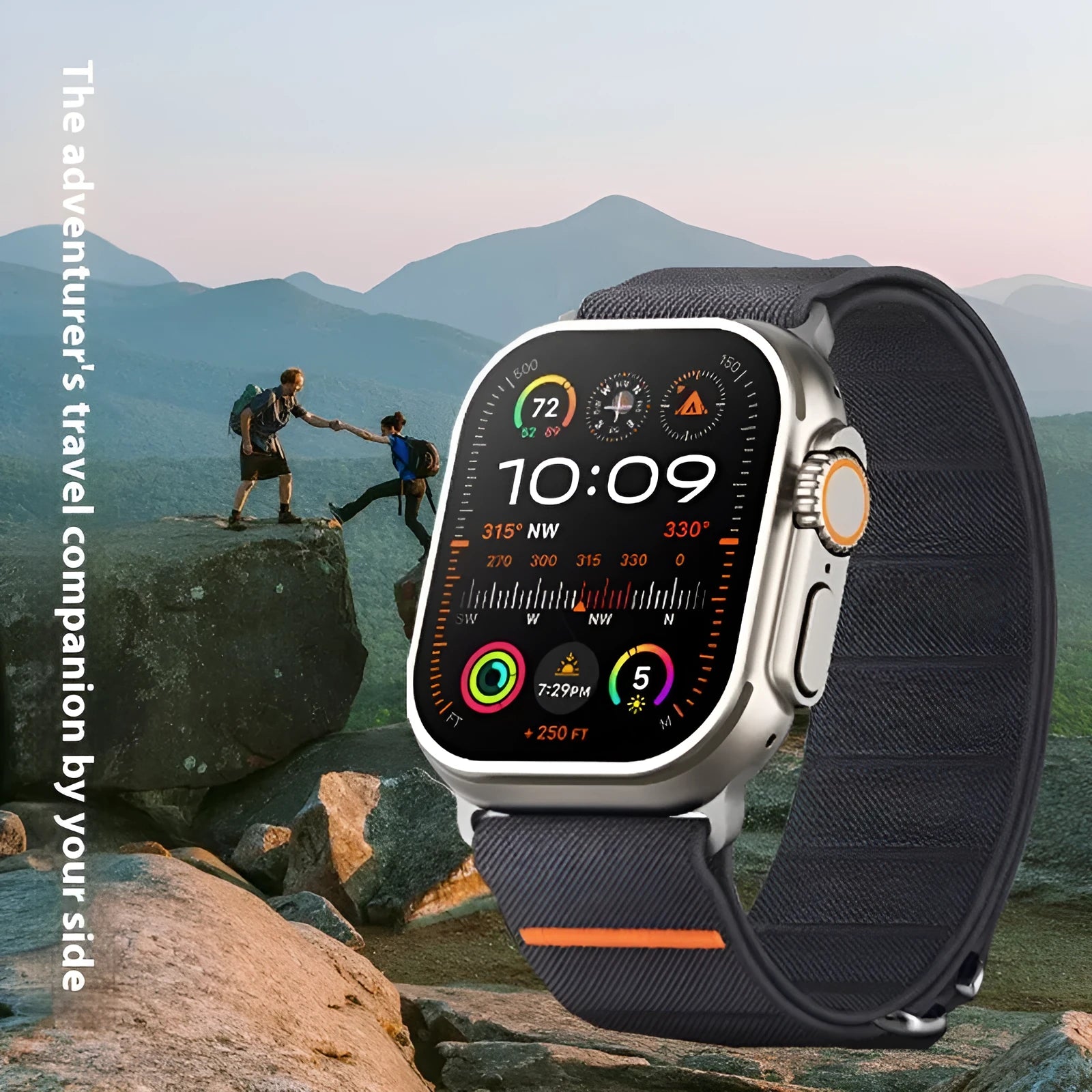 Elastic nylon sport loop strap with stainless steel buckle for Apple Watch, shown in multiple colour options.