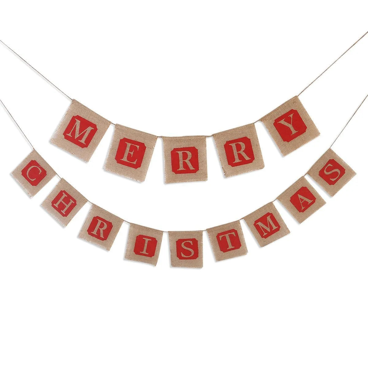 Merry Christmas burlap banner with 14 brown and red flags on a string, each flag approx 12x13 cm