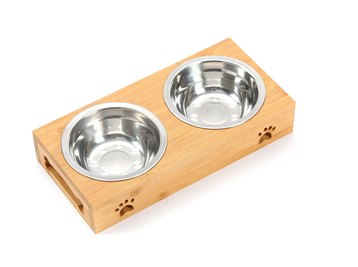 Solid wood pet dining table with stainless steel double bowl raised feeding station for cats and small dogs