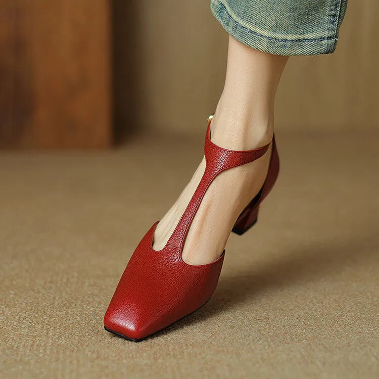 Women's wine red retro square toe chunky heel shoes made from sheepskin leather with a buckle