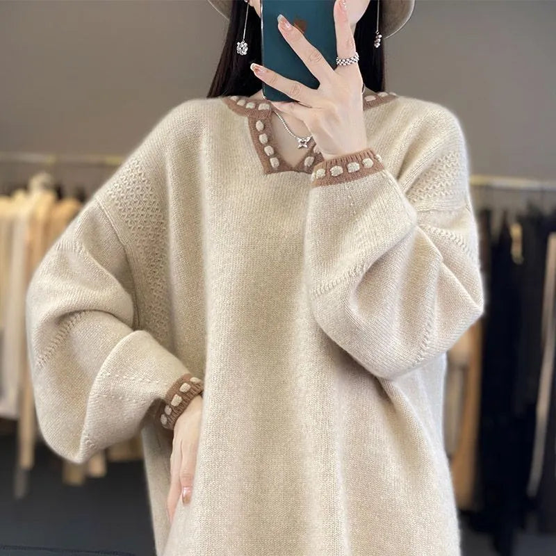 Women's camel colour v-neck viscose sweater with regular long sleeves on hanger