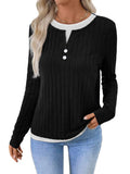 Women's fake two-piece pullover sweater with concave stripe pattern and round neck button detailing