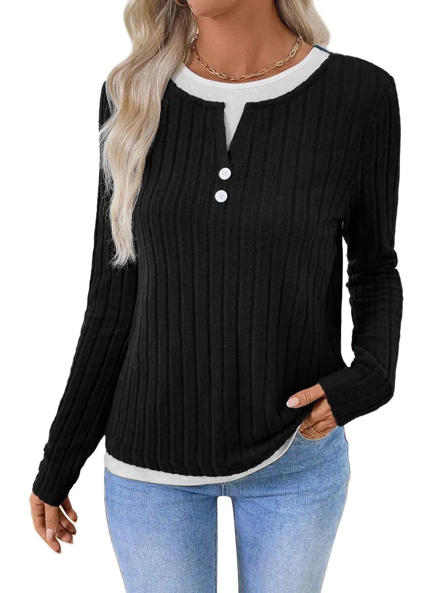 Women's fake two-piece pullover sweater with concave stripe pattern and round neck button detailing