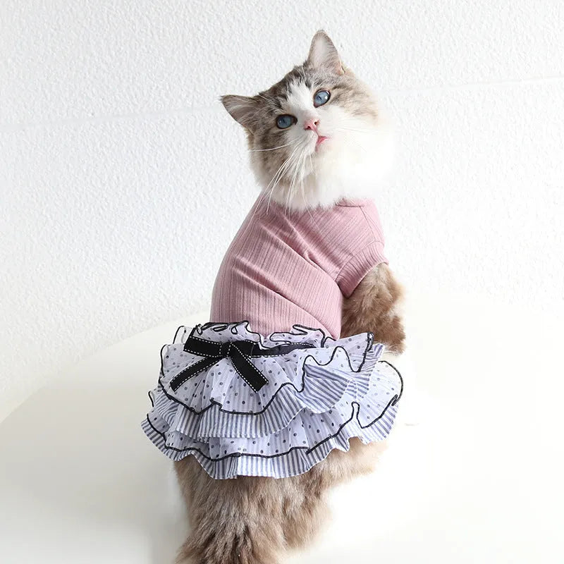 Polka dot lace cake pet dress for small dogs and cats in princess style, cloth fabric, taro purple colour