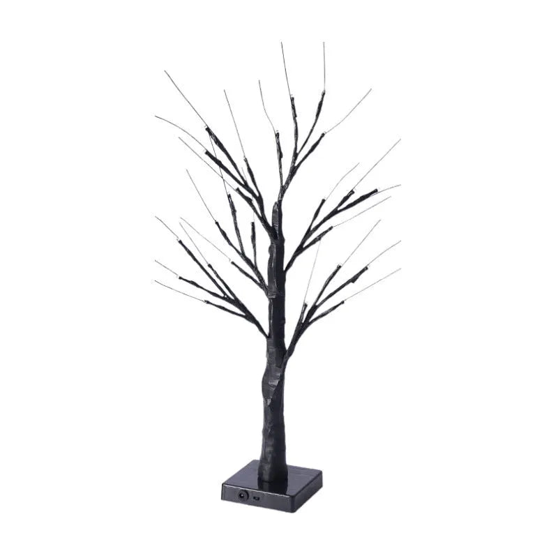 LED white birch tree night light with 24 lights, 60cm height, black birch finish, on a tabletop