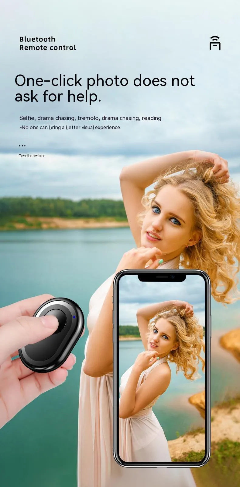 Wireless Bluetooth remote self-timer photo control in black, plastic compact 48mm size