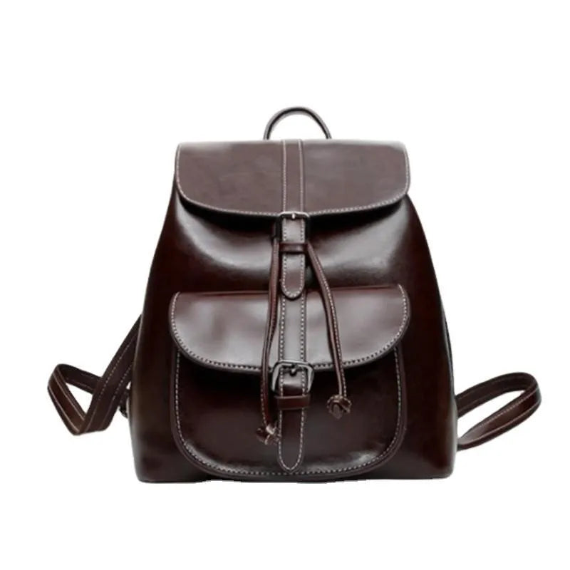 Korean style genuine cowhide leather backpack with pull-belt and sandwich pocket, 28x30x12cm, black