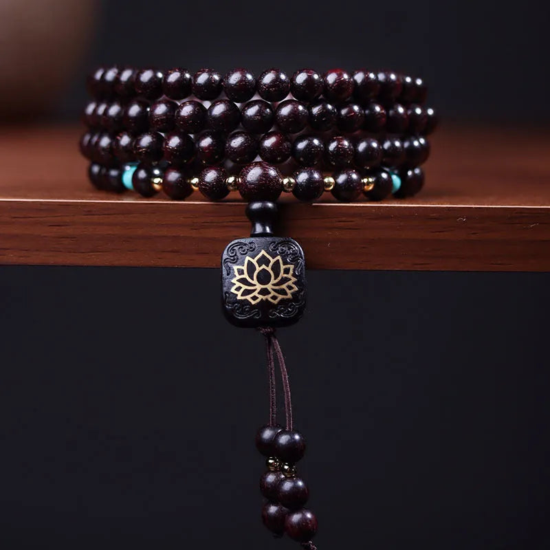 Zambia Rosewood Buddha bead bracelet with flat lotus pendant, 108 beads, grinding finish