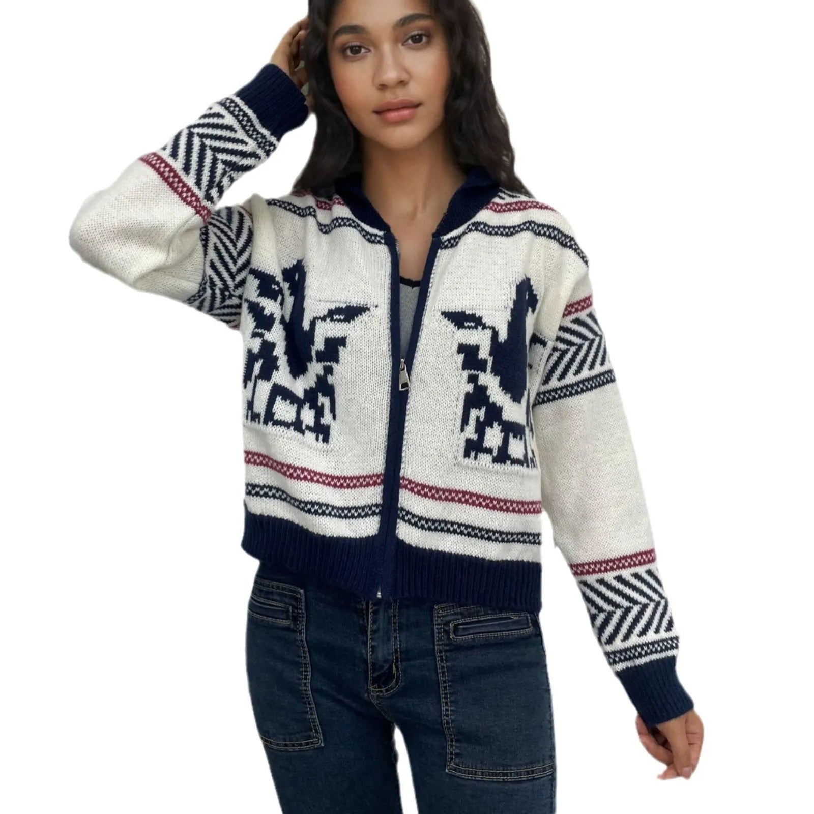 White women's wool zip cardigan with lapel collar and black jacquard contrast stripes.