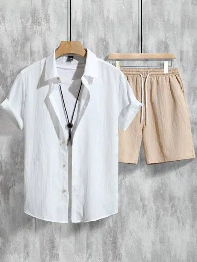 Men's 3D printed Hawaiian short sleeve shirt and matching shorts casual summer outfit