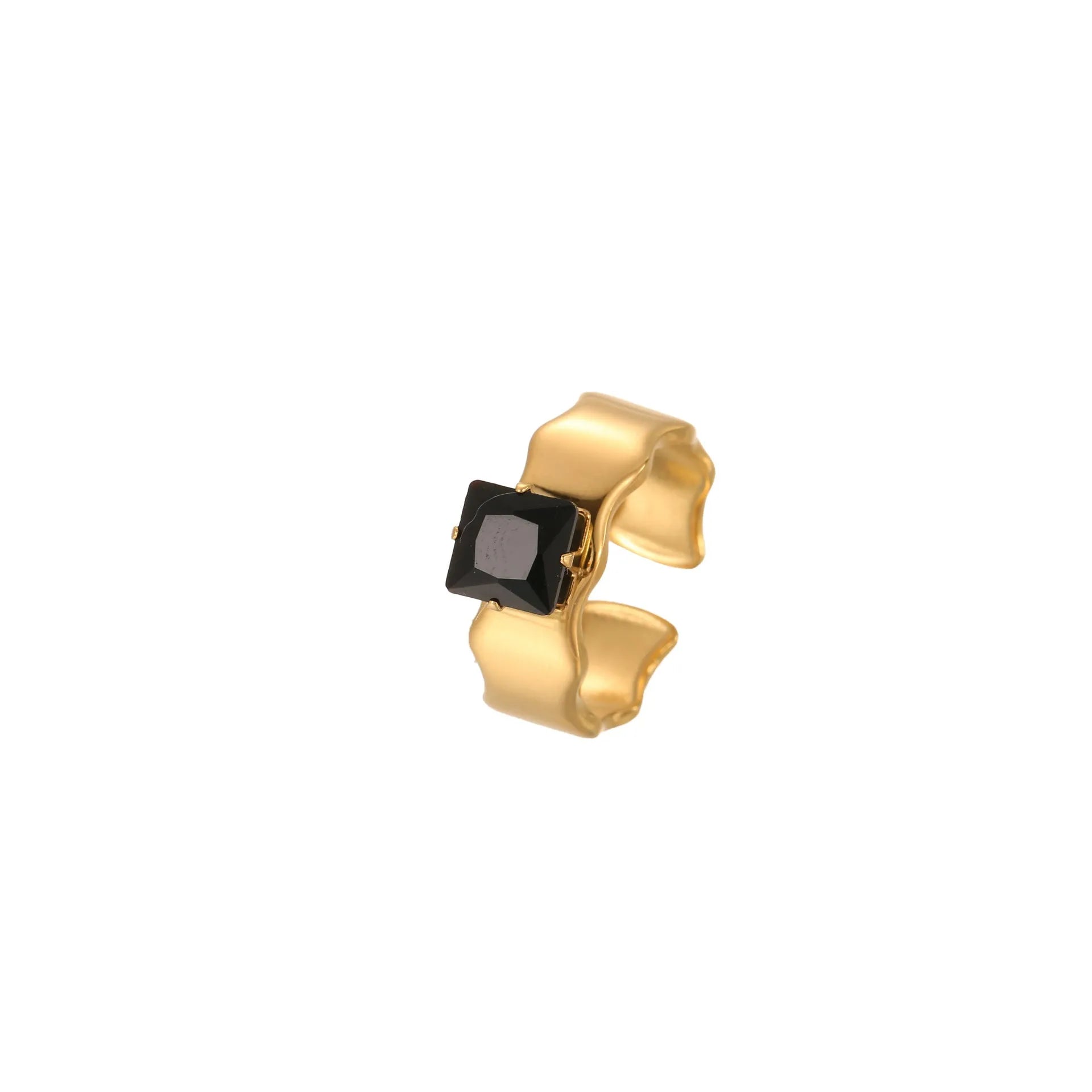 Women's adjustable titanium steel ring with geometric shape and inlaid zircon detailing on a finger.
