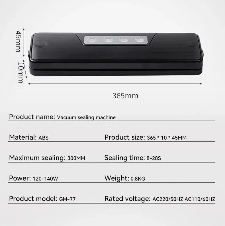Black compact automatic vacuum sealer machine for food preservation on a kitchen counter.