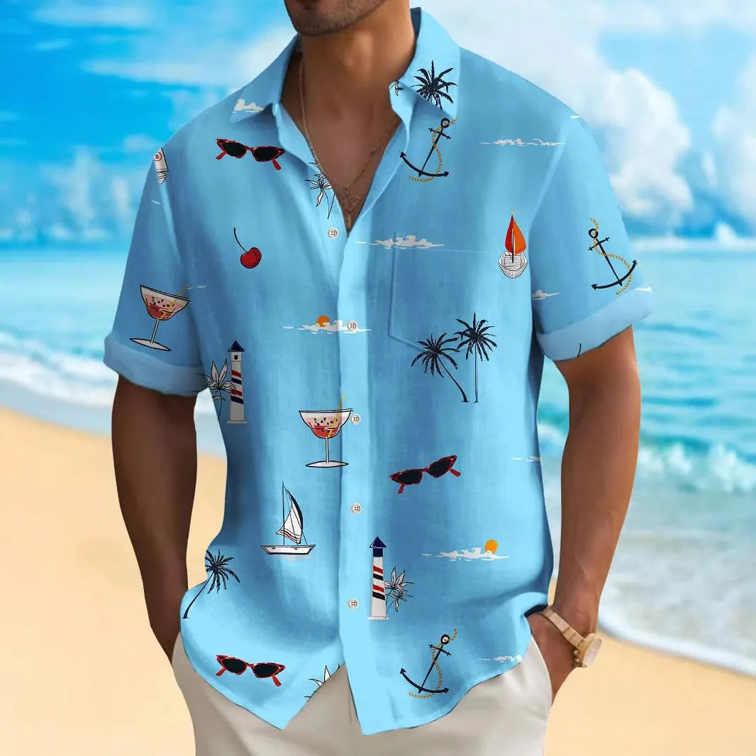 Men's loose fit Hawaiian shirt with digital print pattern and short sleeves.