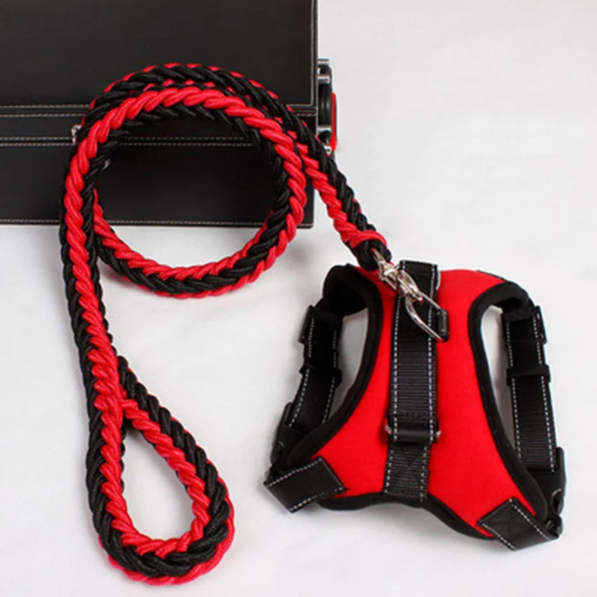 Dog leash chest strap saddle strap strong nylon breathable mesh filled sponge safety button black red camouflage