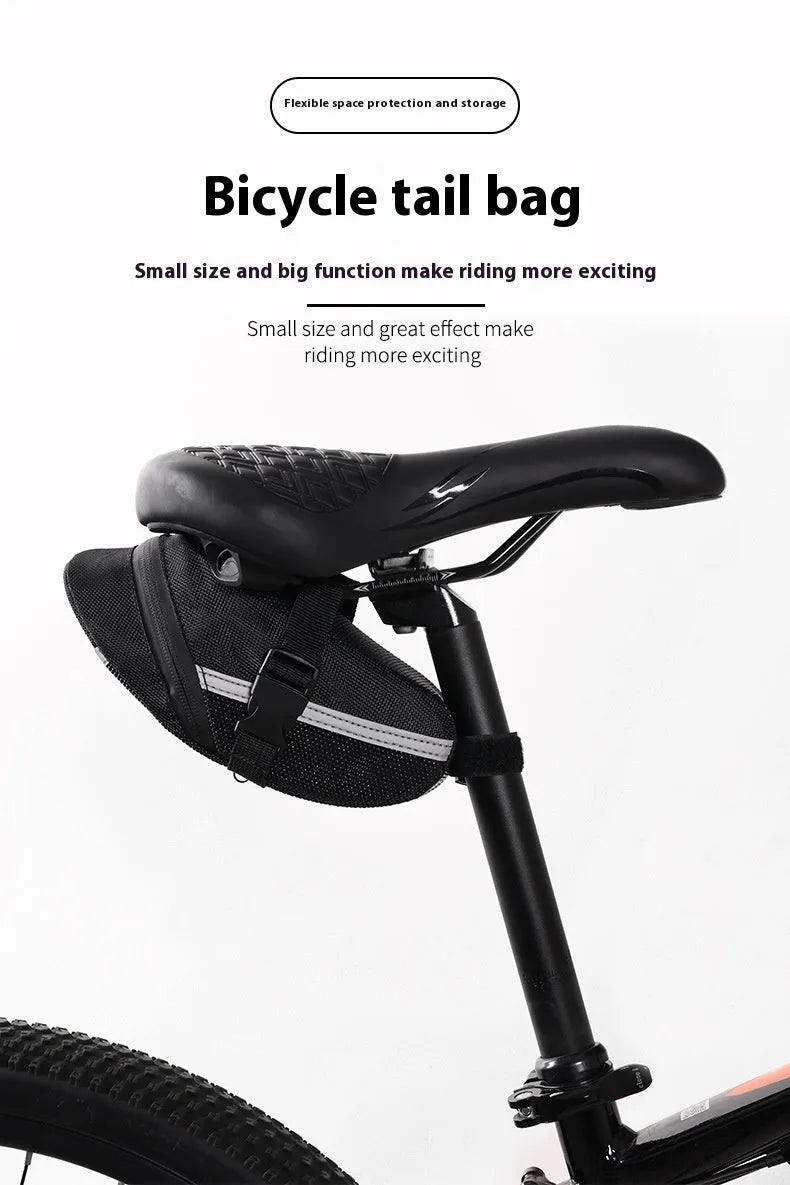 Black polyester quick-release mountain bike tail bag attached to a bicycle saddle, free size with padded interior