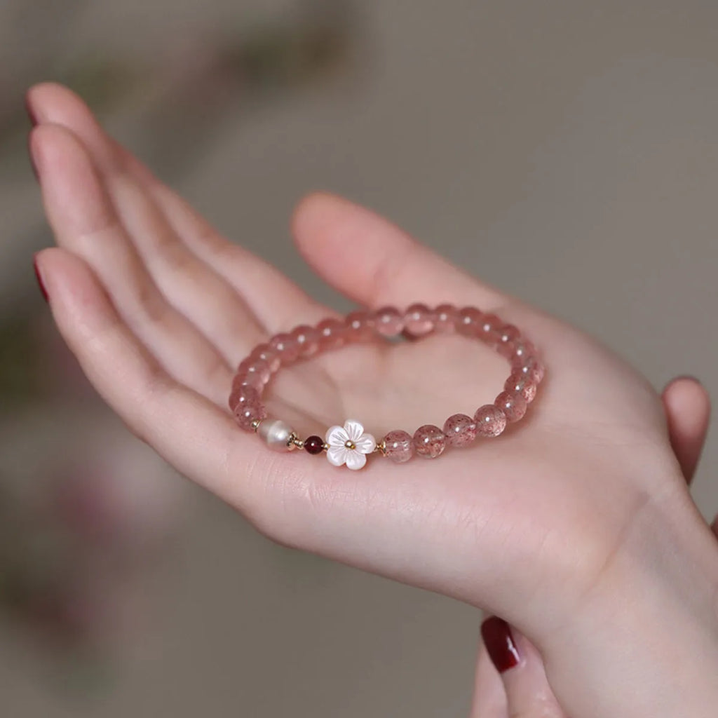 Strawberry quartz crystal bracelet with peach blossom flower design for women's casual jewellery