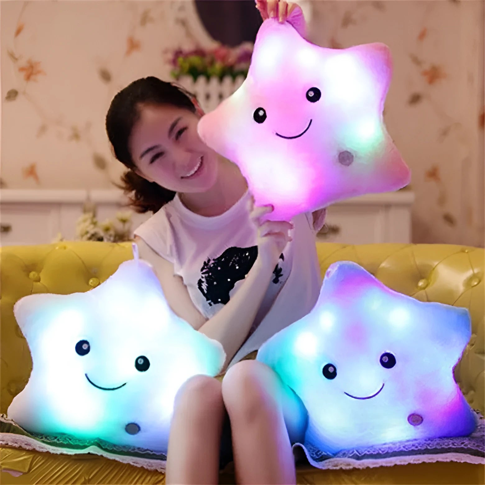 Luminous colourful five-pointed star plush pillow 40cm wide 35cm high with soft glow effect