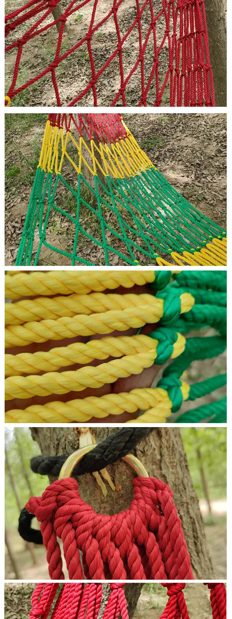 Nylon rope mesh hammock hanging between trees with bold weave pattern, showing 1.1m width
