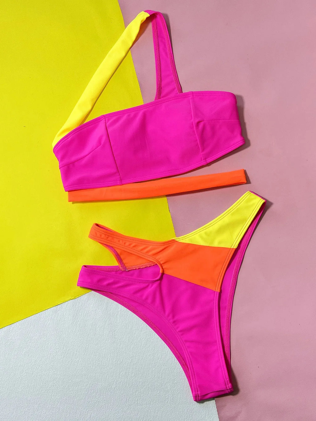 Rose Red hollow contrast split bikini set with nylon and spandex lining for women