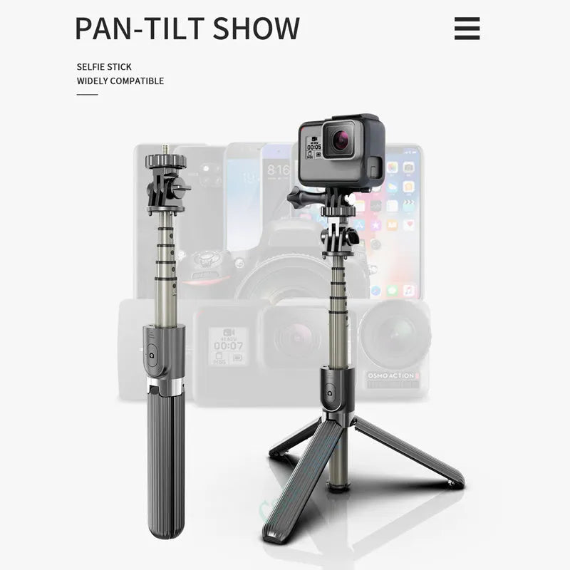 Tripod selfie stick for iPhone, black colour, extended to 700mm height on a table