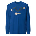 Men's blue loose fit sweater with printed letter pattern, showing front view.