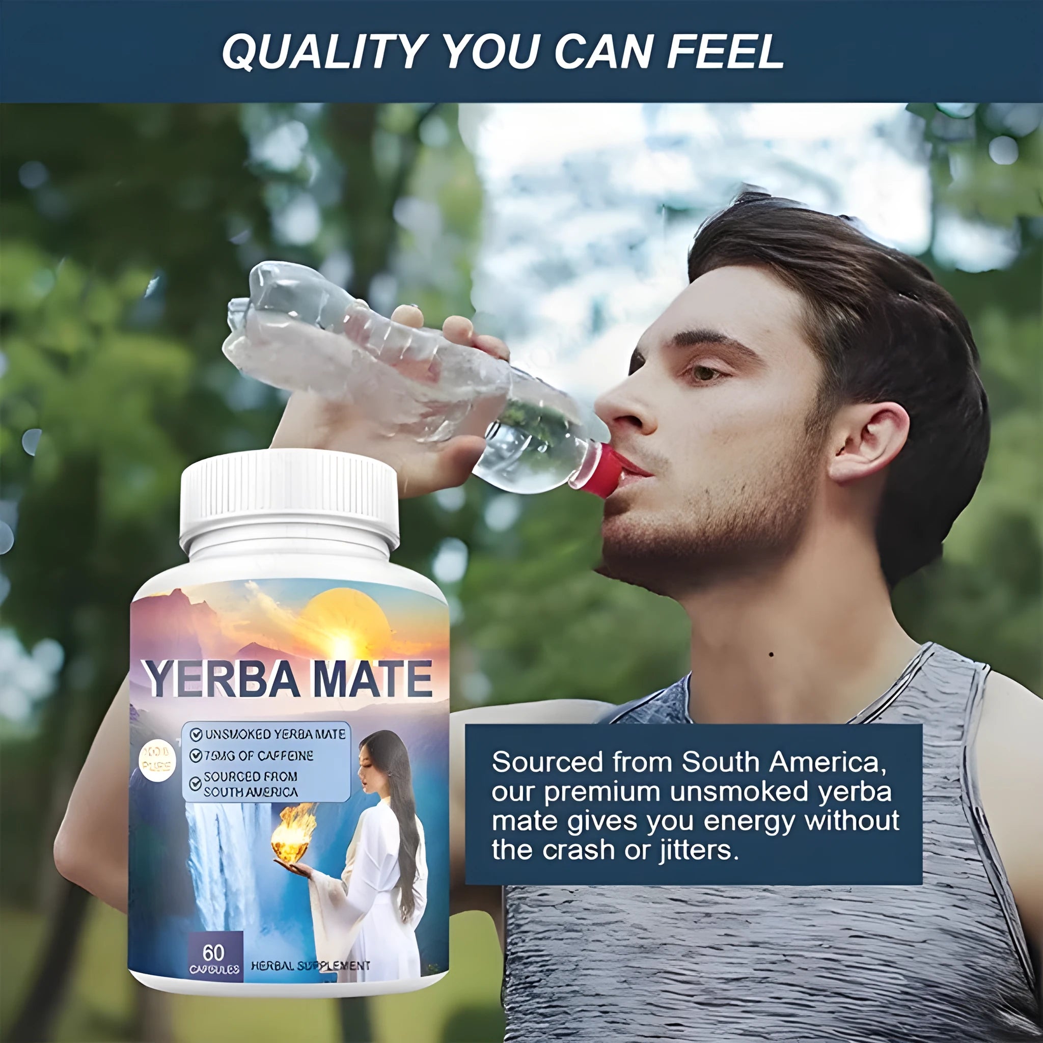 Bottle of 60 vitamin capsules on table, nutritional supplement for daily wellness